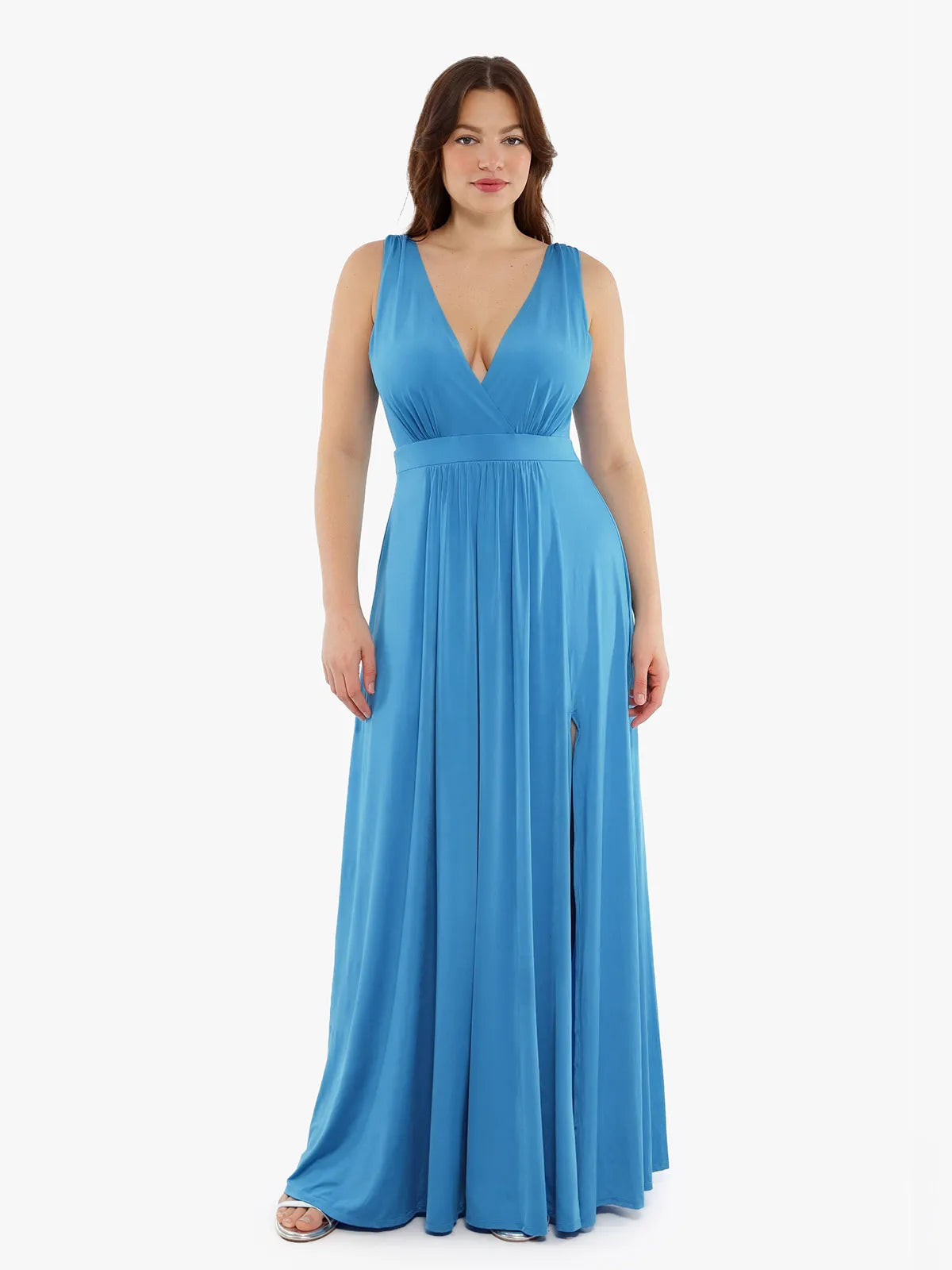 Amelvia Deep V-Neck Front Slit Goddess Maxi Dress