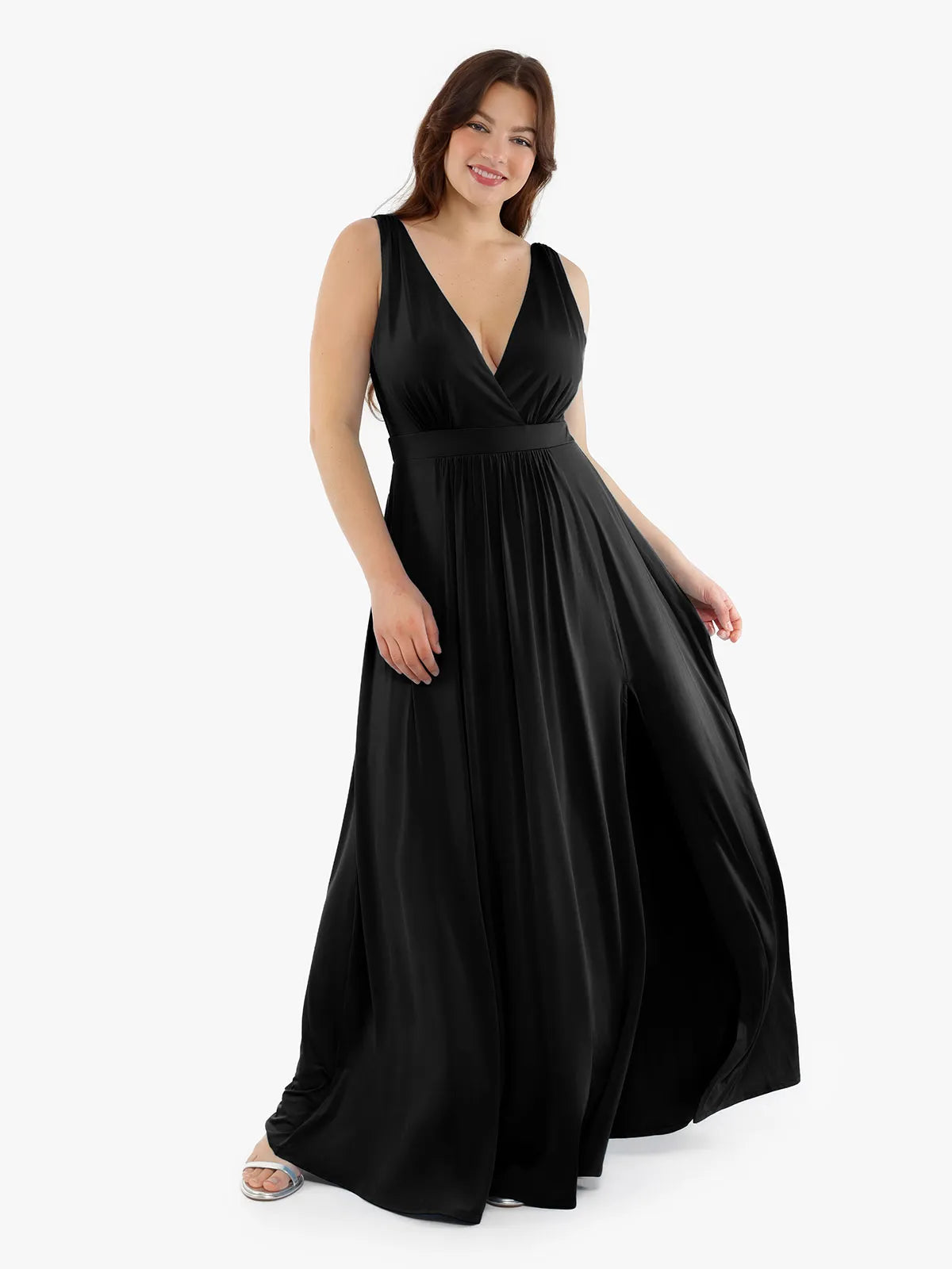 Amelvia Deep V-Neck Front Slit Goddess Maxi Dress