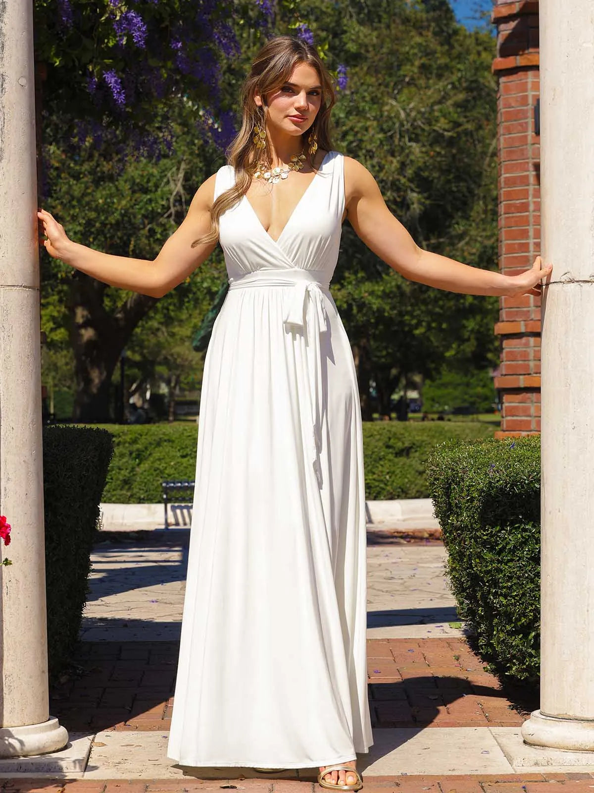 Amelvia Deep V-Neck Front Slit Goddess Maxi Dress