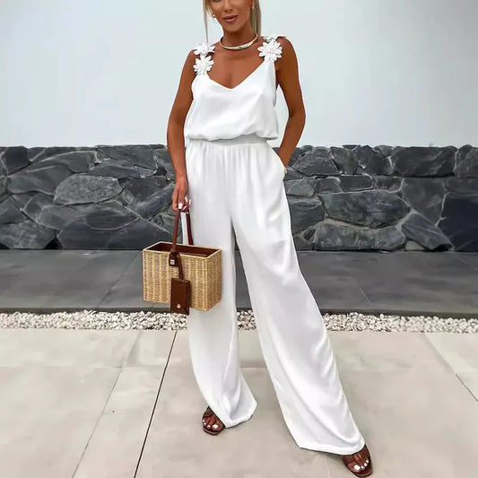 Elegant Floral Strap Wide-Leg Jumpsuit – Amelvia